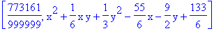 [773161/999999, x^2+1/6*x*y+1/3*y^2-55/6*x-9/2*y+133/6]